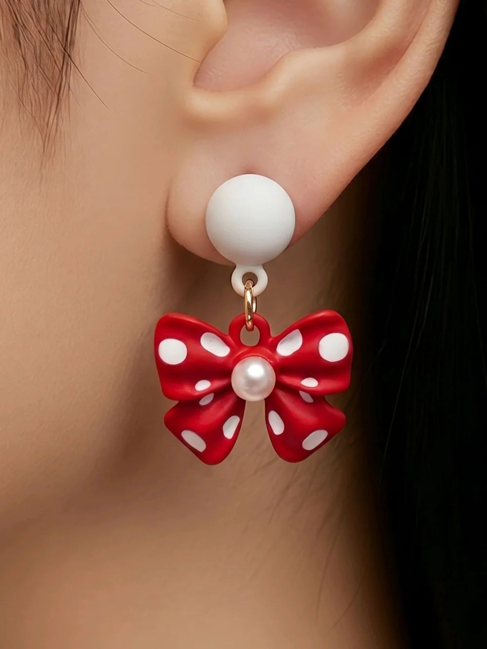 Red Polka Dot Bow Pearl Dangle Earrings Retro Coquette Kawaii Stud Jewelry